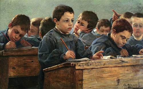 In the classroom. Signed and dated P.L. Martin des Amoignes 1886